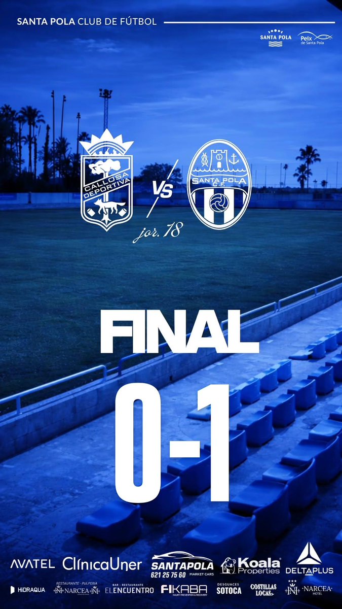 🎙️90' | ¡Final en Callosa!

⚽ Yeray nos da la victoria con un golazo de falta cuando restaban 15 minutos para la conclusión del encuentro.

✅ Victoria fundamental para afinzar la segunda plaza y recuperar la confianza.

@CallosaDptva 0️⃣-1️⃣ <a href="/SantaPolaCF/">Santa Pola C.F.</a>

#Jornada18 #1ªFFCV