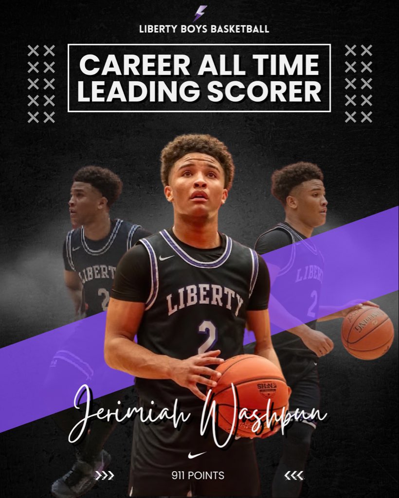 Boltbsktbll's tweet photo. In Friday’s game, Jerimiah Washpun scored 30 points, &amp; with it, became Liberty High’s all-time career leader in points with 911 (and counting)! Jerimiah passed Bolt great Andre Brandon’s (‘20) previous record of 905.

Please join us in congratulating @JWashpn on his achievement! https://t.co/fdZPOfz7Kl