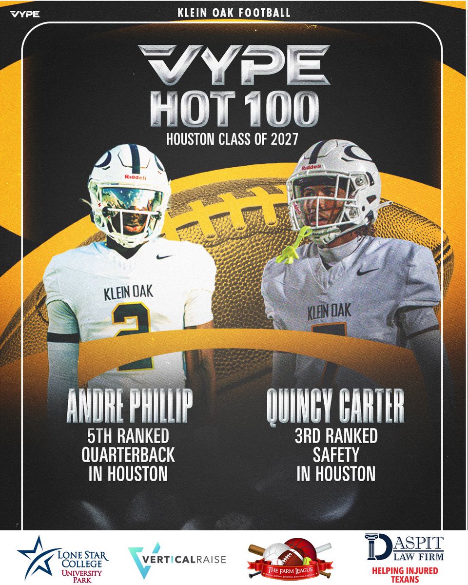 Congrats to <a href="/AndrePhillipll/">Andre Phillip ll</a> &amp; <a href="/Quincy_Carter6/">Quincy Carter</a> for being named to Class of 2027 Hot 100 in Houston &amp; Top 5 in each of their respective positions!

#RecruitTheO