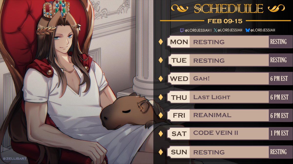 Stream Schedule For This Week!    

We, Gaming Lords &amp; Ladies!

>>>T W I T C H . T V / lordjessiah1<<<