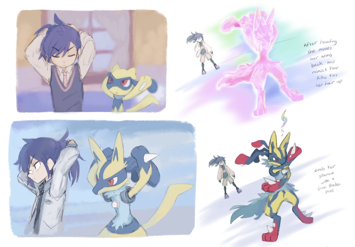 [oc] Aiko’s Riolu took an interest in how she tied her hair and copied the mannerism, continuing it even as a Lucario