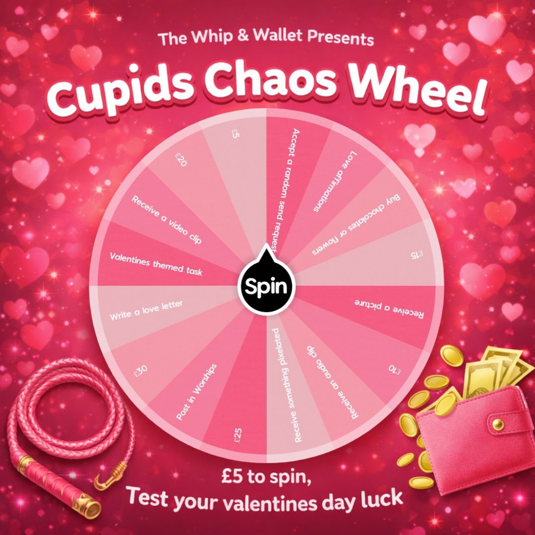 Whats that👀

Another Valentines event in the Whip &amp; Wallet?!

Join today and prepare for our Cupids Chaos Wheel!!!

Sending tasks, treats and delicious chaos on every spin😋

So… Do you dare?
