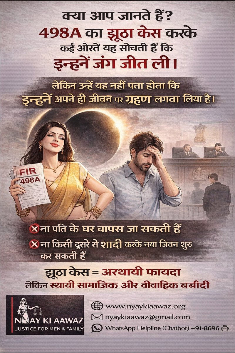 AlishaF26105's tweet image. क्या आप जानते हैं?
498A का झूठा केस कुछ समय की जीत लग सकता है,
लेकिन यही कदम जीवनभर का सामाजिक और वैवाहिक ग्रहण बन जाता है।
❌ न घर बसता है
❌ न नया जीवन शुरू होता है
झूठा केस = अस्थायी फ़ायदा
पर स्थायी बर्बादी।
#498A #StopMisuse #NyayKiAwaaz #JusticeForAll
