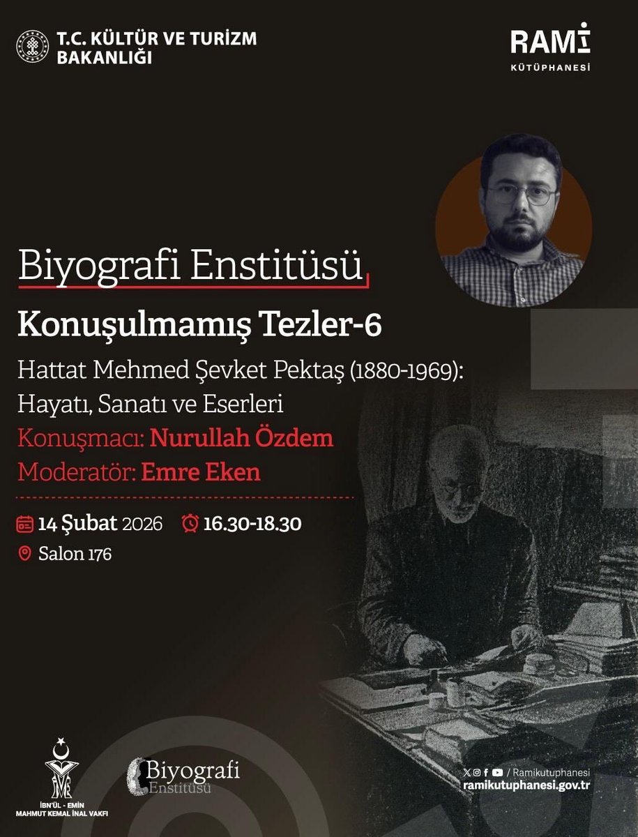 📣 Biyografi Enstitüsü (<a href="/BiyografiE/">Biyografi Enstitüsü</a>) olarak Rami Kütüphanesi (<a href="/ramikutuphanesi/">Rami Kütüphanesi</a>) ev sahipliğinde düzenleğimiz “Konuşulmamış Tezler”in bu bölümünde konuğumuz: Nurullah Özdem.

Hocamızla biyografi yazımı ve Hattat Mehmet Şevket Pektaş üzerine söyleşeceğiz.

📆 14 Şubat’ta bekleriz!