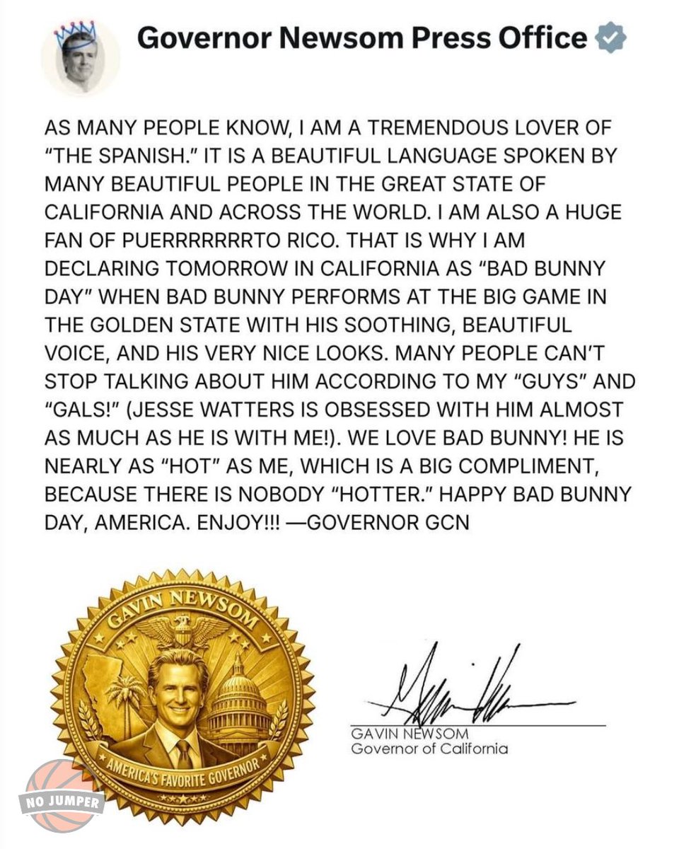 California Governor Gavin Newsom took to social media yesterday to declare today as "Bad Bunny Day" in California ahead of the Super Bowl halftime show.