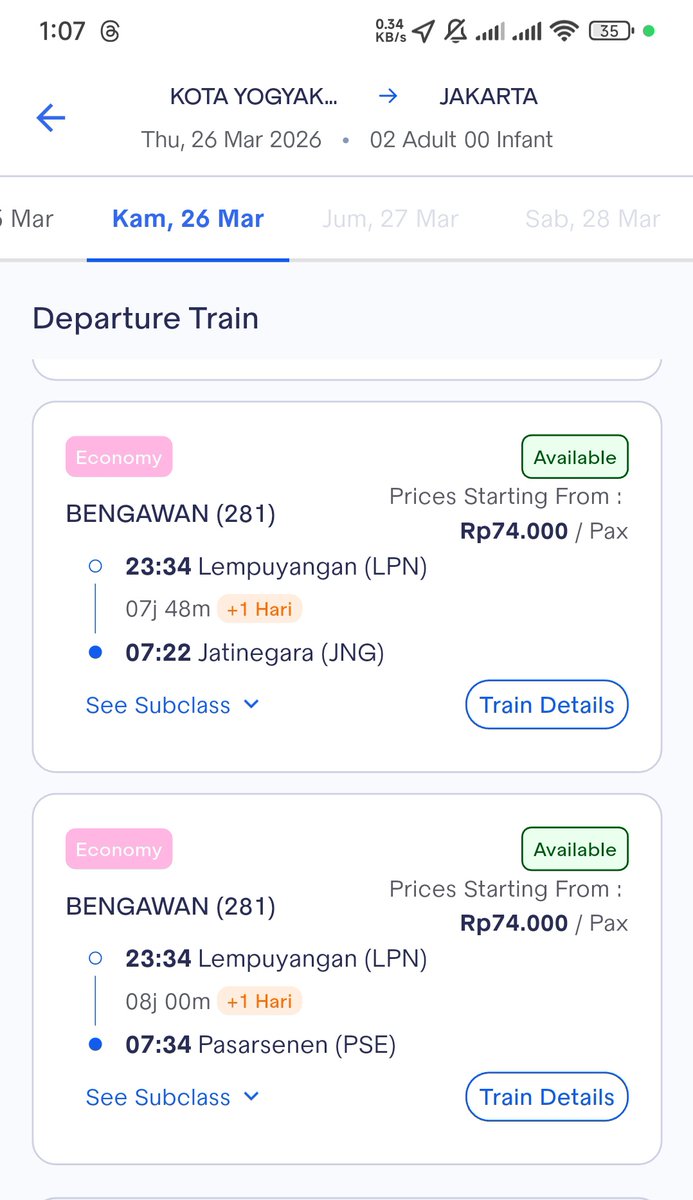 rusticblu's tweet image. Lho tumben masih ada tiket KAI Jogja-Jkt yg 74k jam segini.