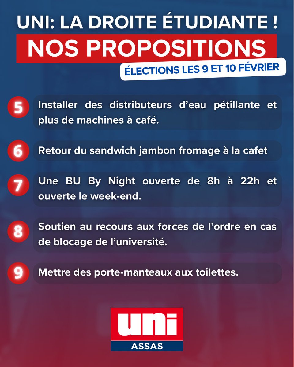 📣Retrouvez nos principales mesures pour les élections étudiantes de l’Université Panthéon Assas.

🗳️Du 9 février 9h, jusqu’au 10 février 15h, votez UNI : la droite étudiante! 🔴⚪️