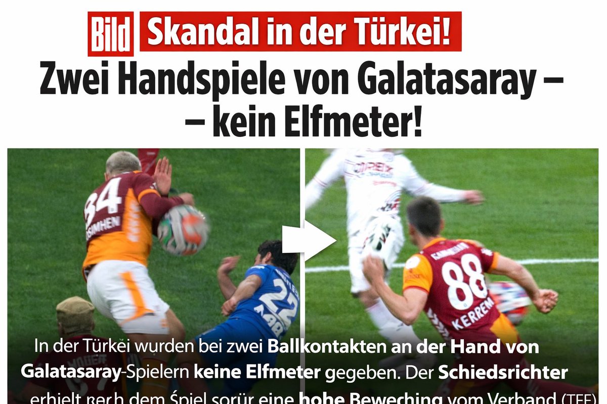 Alman Bild gazetesinin manşeti:

“Türkiye’de Galatasaraylı futbolcuların eline gelen her 2 topta da hakem penaltı vermedi ve TFF tarafından maç sonu hakeme yüksek puan verildi. Aynısı Almanya’da olsa o hakemin lisansı yırtılırdı.”