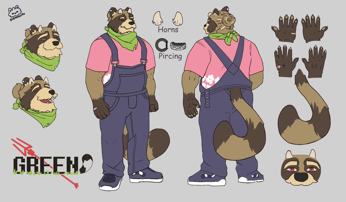 I finally made my own character sheet, yay! I present to you Green, my raccoon fursona.