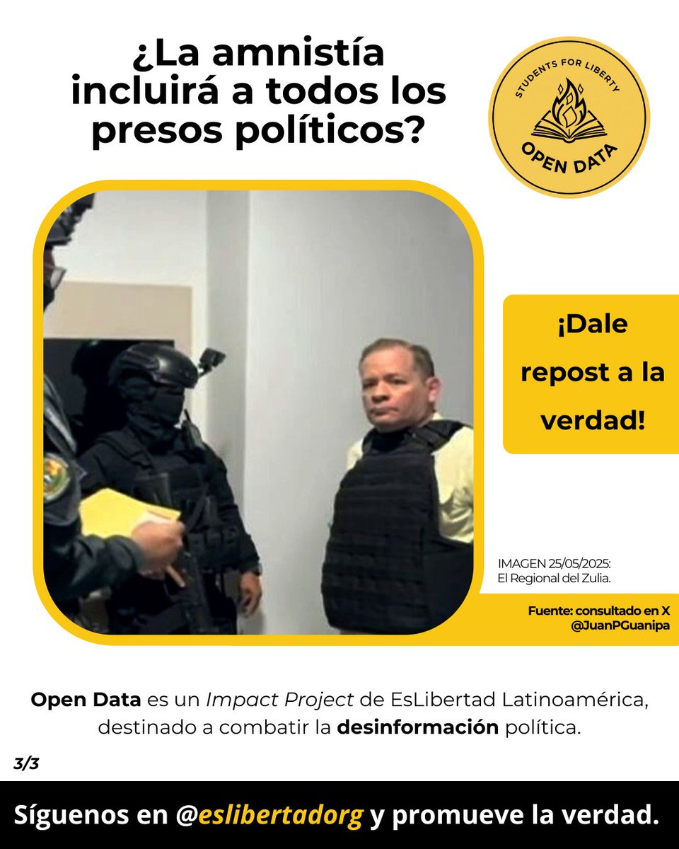 EsLibertadOrg's tweet photo. Confirmamos la excarcelación de Juan Pablo Guanipa en Caracas 🇻🇪

La noticia fue ratificada por su hijo, Ramón Enrique Guanipa, a través de @JuanPGuanipa

Guanipa permanecía detenido desde el 23 de mayo de 2025.

#OpenData #EsLibertad #FactChecking #Venezuela #NoMasFakeNews https://t.co/OTZIJQFHf7