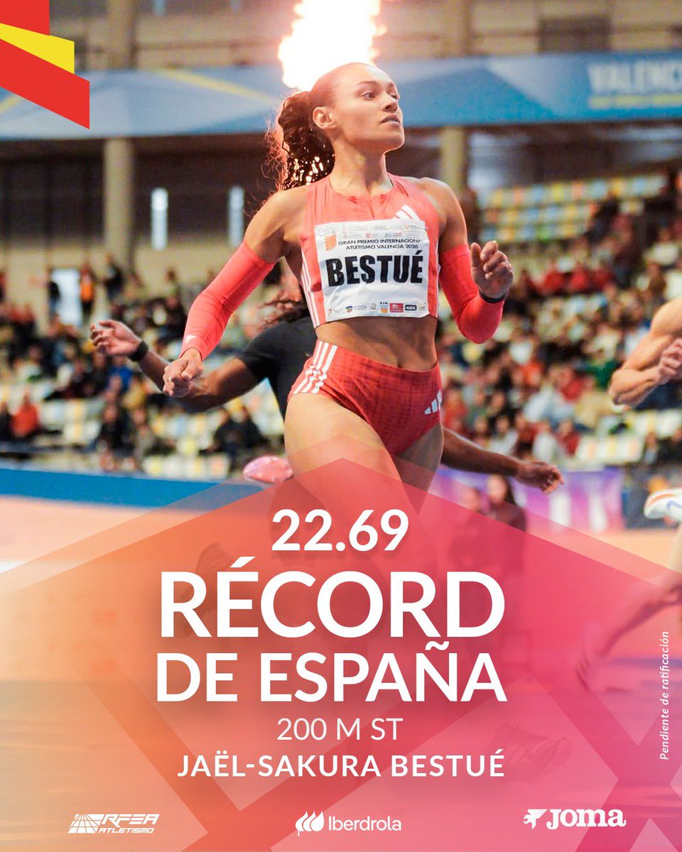 🔥 ESTRATOSFÉRICA JAËL 🔥

<a href="/JaelBestue/">Jaël-Sakura Bestué Ferrera</a> sigue haciendo historia y rebaja el Récord de 🇪🇸 de 200 m ST ⏱️2️⃣2️⃣.6️⃣9️⃣ en 🇫🇷Meting Metz

Mejora los 22.81 de Sandra Myers de 1991

Lo bate en su tercera carrera de la tarde tras correr 2️⃣x60m ⏱️ 7️⃣.2️⃣9️⃣ y ⏱️ 7️⃣.1️⃣9️⃣

Un fin de semana