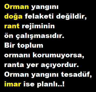 Yasa der ki: 
Yanan orman imara açılmaz.
Gerçek der ki: 
Orman yanar, rant yeşerir.
#Ormanlarımız #iyiakşamlar 
#iyigeceler #GeceyeBirSöz