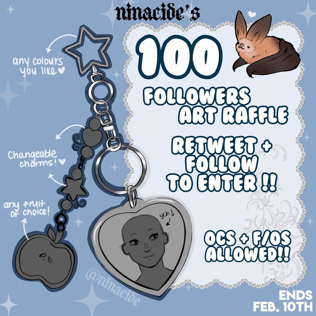 ninacide's tweet image. thank you for 100 followers! I’ll be having an art raffle. 

Retweet + follow to enter! The winner will get to have this keychain customized with their character of choice in the heart. 

Ends Feb. 10th! 🖤