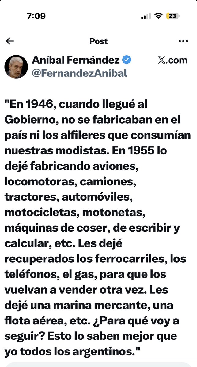 Aníbal Fernández me bloqueó p poder mentir tranquilo.
Ya en 1932, en el censo de Latam, la industria argentina era competitiva, sin subsidios. 
Producía el 71% de las manufacturas que se consumían en Argentina y exportaba el 20% y era más grande que las de Brasil y México sumadas
