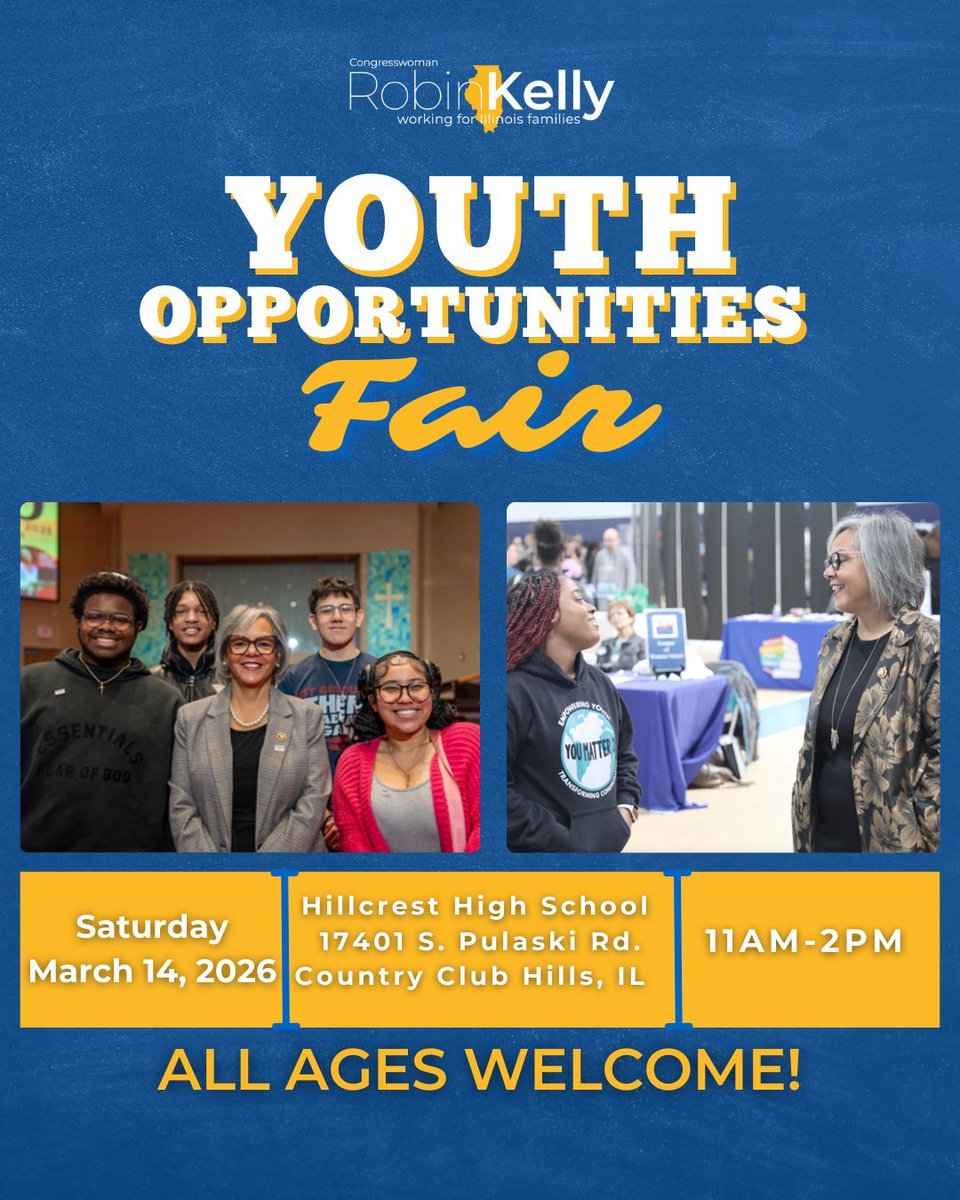 RepRobinKelly's tweet photo. Join my office at my annual Youth Opportunities Fair &amp; connect with organizations offering jobs, internships, mentoring, camps, &amp; volunteer opportunities.

Youth of all ages are welcome. There will be select programs for students in grades K–8.

Your next opportunity starts here. https://t.co/XpZ8u0Gdi9