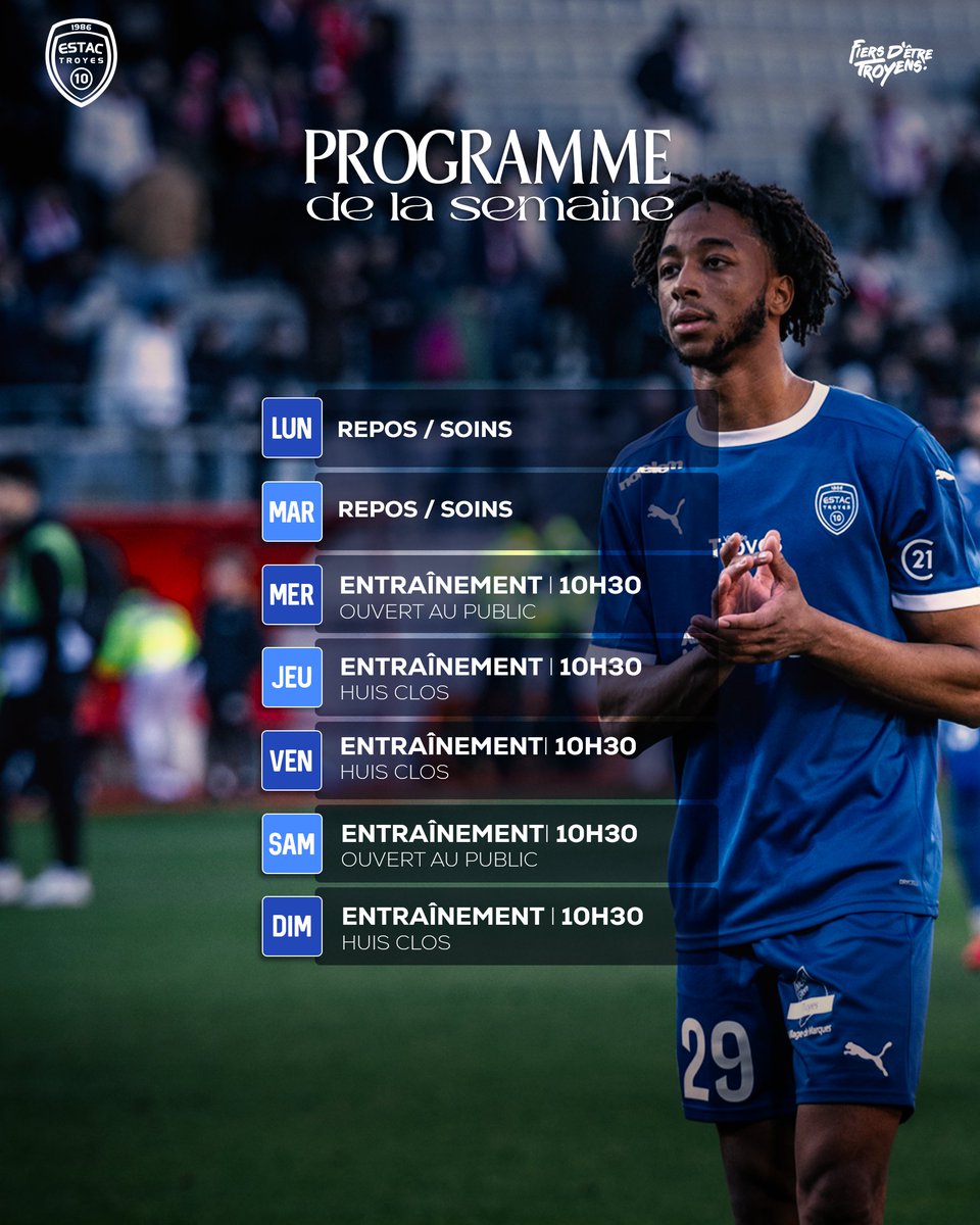𝐋𝐞 𝐩𝐫𝐨𝐠𝐫𝐚𝐦𝐦𝐞 𝐝𝐞 𝐥𝐚 𝐬𝐞𝐦𝐚𝐢𝐧𝐞 🗓️

Nos Troyens ont une semaine complète pour préparer leur déplacement à Bastia, qui aura lieu le lundi 16/02. 💪

#TeamESTAC 🔵⚪️