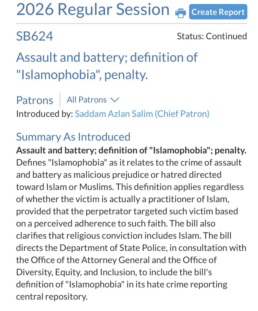 MattForVA's tweet image. Pretty soon in Virginia if you are perceived to have hatred or prejudice towards Muslims, you will be charged with assault &amp;amp; battery.

Even if it’s a casual conversation with someone who isn’t Muslim, they can still charge you with assault &amp;amp; battery.