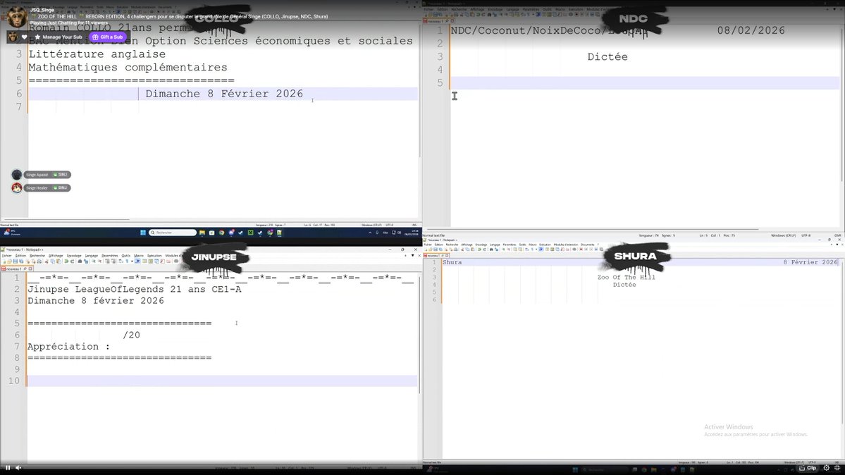 On est parti pour la troisième épreuve de la soirée : une dictée ! 

On va voir qui a fait bac montagne et qui a dépassé le CE1 🐒

📺: twitch.tv/JSQ_Singe