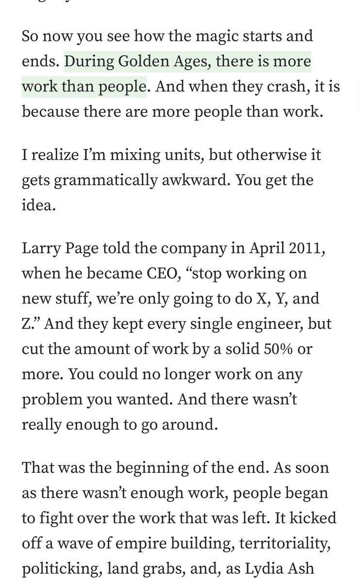 I think a similar thing happened at Apple. 

They stuck too hard to the “all of our products should fit on a table” rule even when growing the company exponentially.
