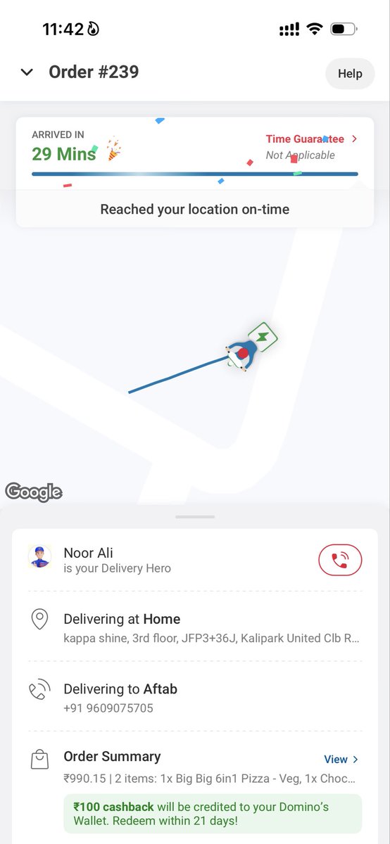 Affi__7's tweet photo. Pathetic delivery experience @dominos_india @dominos . Despite sharing location and guiding multiple times, the delivery person couldn’t find the address due to lack of basic map knowledge. Wasted time. Get me my refund !!!! https://t.co/jUaZVj9sWc