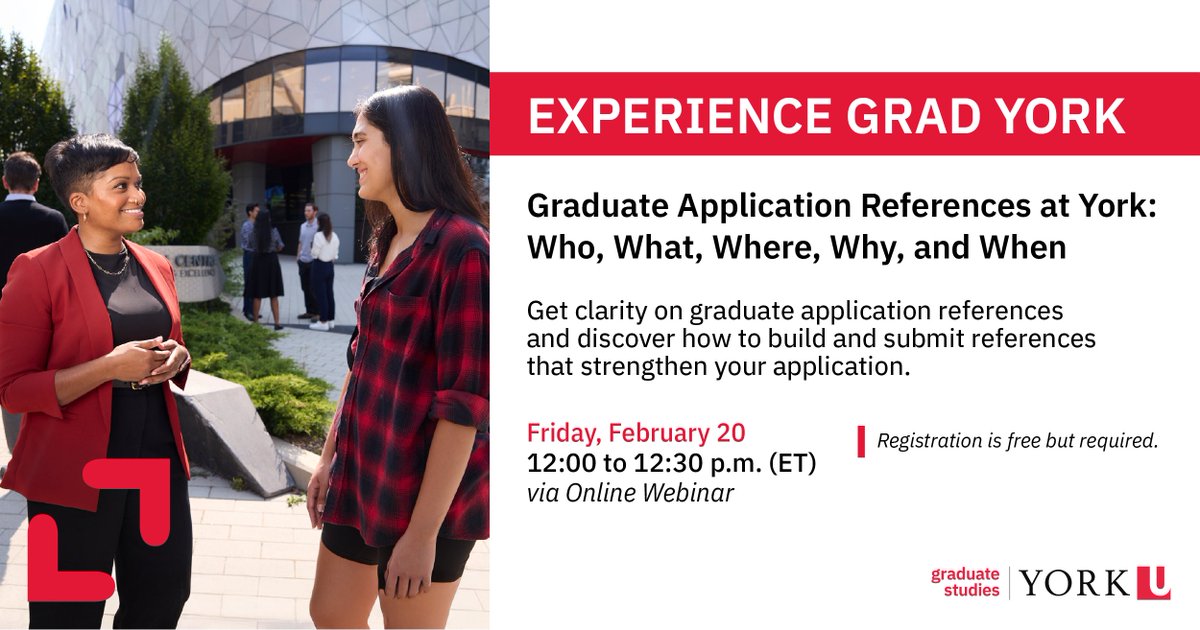 YorkUFGS's tweet image. Make your grad application stand out by mastering the reference process. Learn who can serve as reference, what makes a strong one &amp;amp; how references are evaluated. Get insights to boost your chance.

RSVP | bit.ly/4awBYqL

#GradStudiesYU #YorkU #FutureStudents #GradSchool