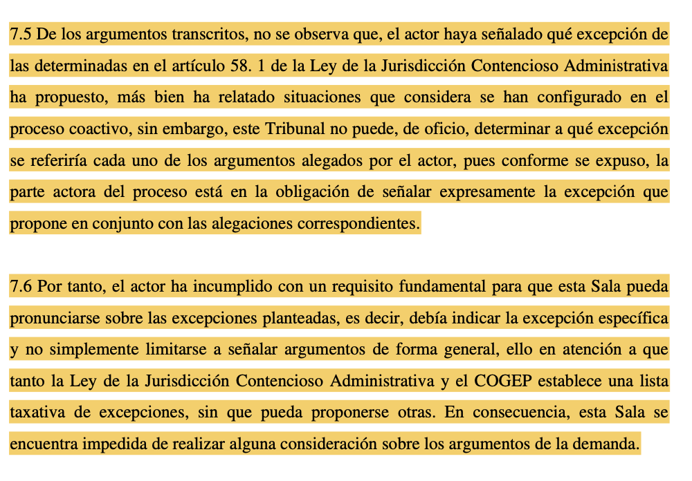 En sentencia de mérito dictada dentro del juicio 11802-2013-0288 de 02 de febrero de 2026, la Sala Contencioso Administrativo de la Corte Nacional de Justicia indicó que es obligación del demandante del juicio de excepciones a la coactiva especificar aquellas que le amparan.

En