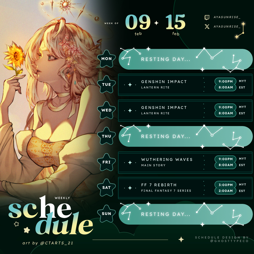 Schedule for this week~! (づᴗ _ᴗ)づ⛅️✨
╰── ✦*:･ﾟ

⛅️General: #Ayasunrise
⛅️LIVE: #ayasunLIVE
⛅️Art: #ayaARTisun
⛅️NSFW: #ayasusrise

🗓️Will be focusing on finishing stories and events

⌜#ENVtubers • #Vtubers • #VTuberUprising⌟