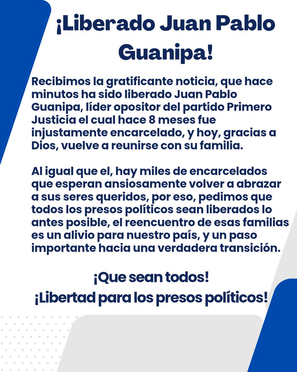 ¡Libertad para todos los presos políticos!
#libertadparalospresospolíticos
#CiudadOjeda
#Lagunillas
#GestionyCompromiso