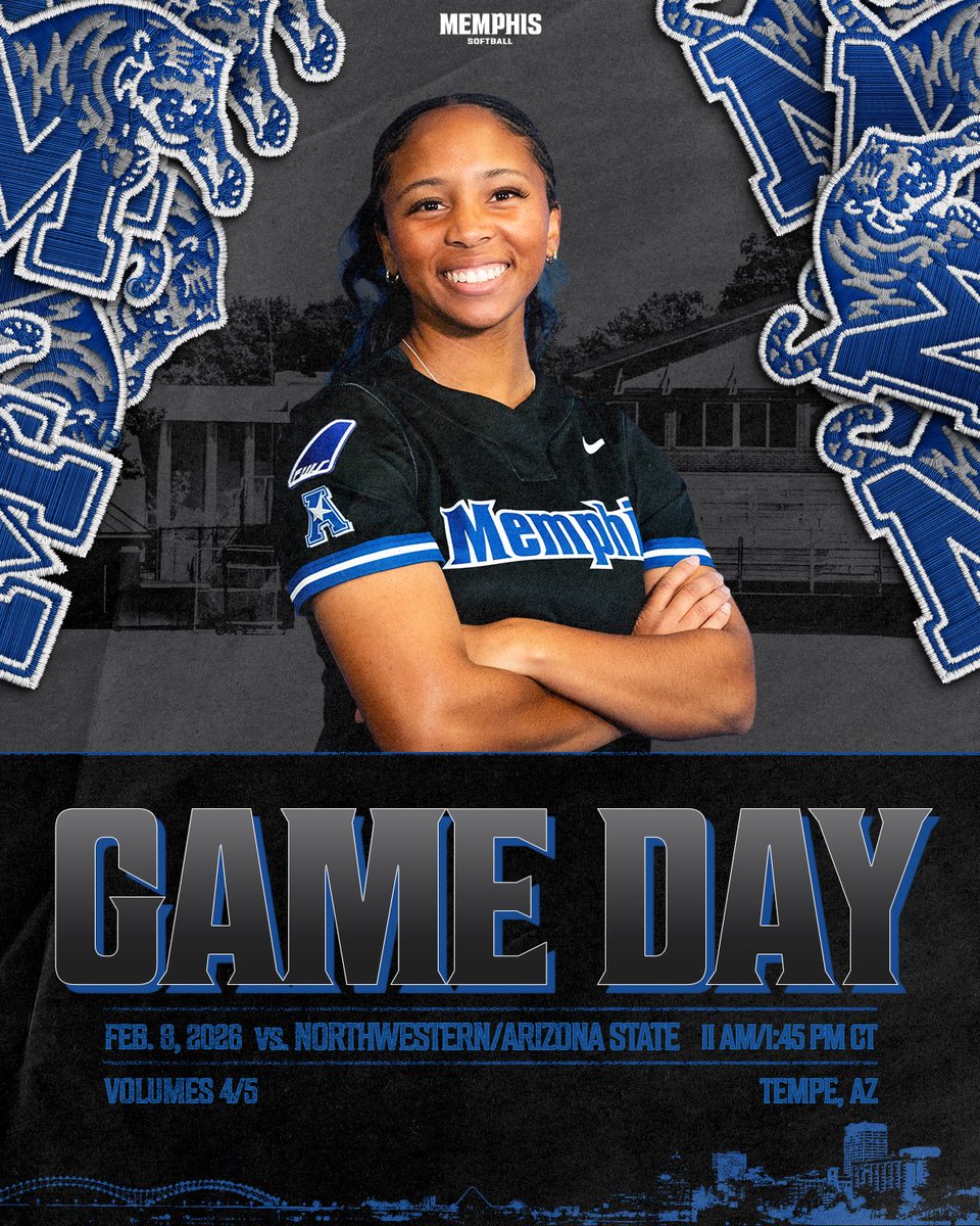 MemphisSoftball's tweet photo. Adding to your Super Bowl Sunday schedule Ⓜ️

🆚 RV Northwestern &amp; RV Arizona State
🕞 11:45 a.m. CT &amp; 1:45 p.m. CT
📍 Tempe, Ariz. 
📊 https://t.co/eZSa6cLd8L (vs. Northwestern)
📺 https://t.co/cb5TFWCBhF (vs. Arizona State)
📊 https://t.co/JPwzhS8OdT (vs. Arizona State) https://t.co/wETsP2cEfO