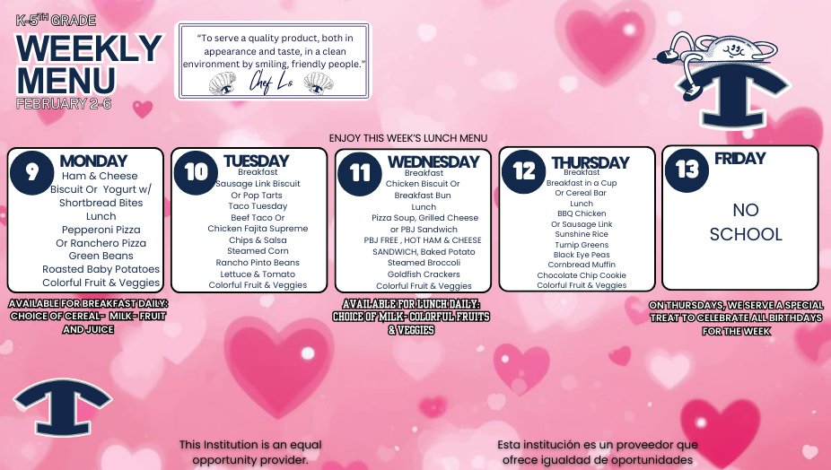 ABCES_Tift's tweet photo. 🍳🥪 Weekly Breakfast &amp; Lunch Menus | February 9 – 13 🍎

Check out what’s on the menu this week for breakfast and lunch in our school cafeterias!

📅 February 9 – February 13

Daily menus are always available anytime by visiting Explore > Dining on your school’s website.

#4theT https://t.co/aZTbZfCx3E