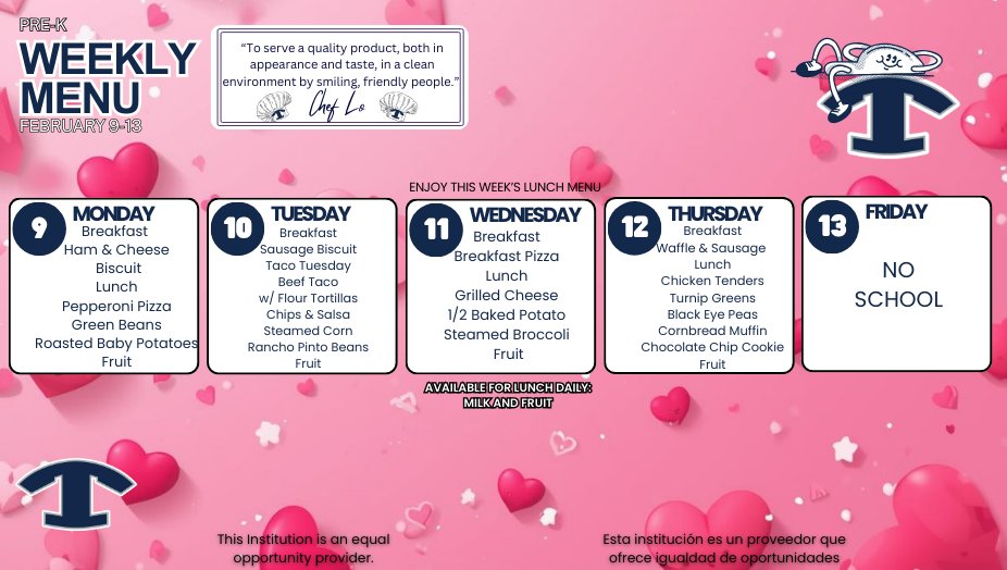 LLES_Tift's tweet photo. 🍳🥪 Weekly Breakfast &amp; Lunch Menus | February 9 – 13 🍎

Check out what’s on the menu this week for breakfast and lunch in our school cafeterias!

📅 February 9 – February 13

Daily menus are always available anytime by visiting Explore > Dining on your school’s website.

#4theT https://t.co/RVX3mDZSL1