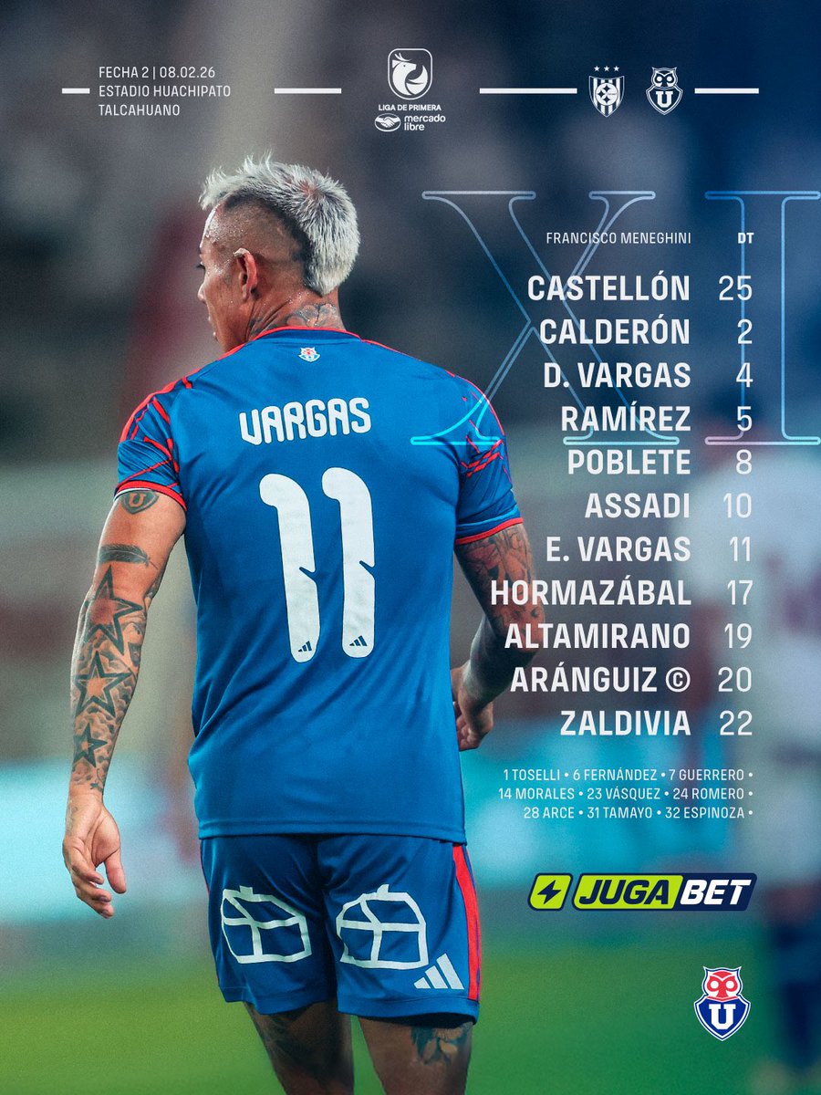 udechile's tweet image. El 11 Inicial del Romántico Viajero para enfrentar a Huachipato en Talcahuano 🔵🔴
