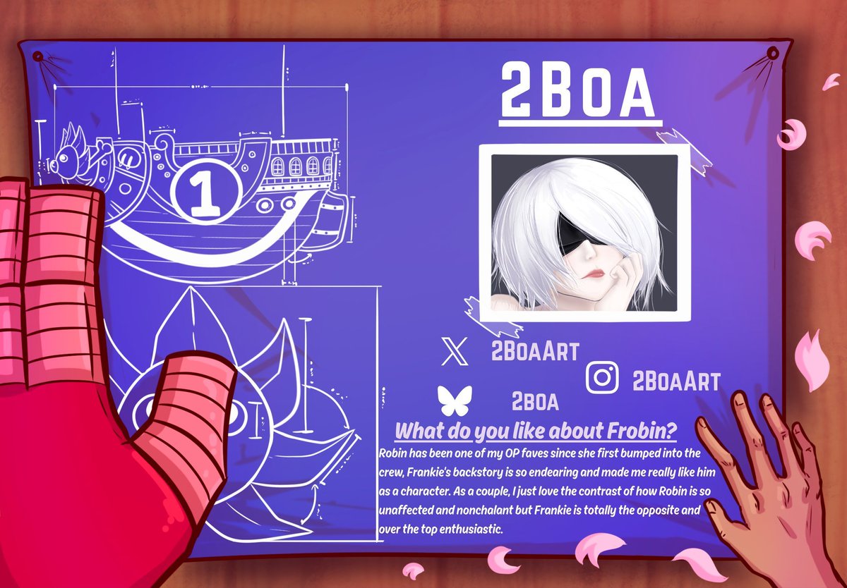 ☀️🦁 Straight from the Sunny's Workshop!

As a couple, @2boaart loves the contrast of Robin's nonchalant nature and Franky's enthusiasm! They both adore Robin and Franky as characters too!

🌸 Look forward to their work on this SUPER FroBin zine! ⭐

#onepiece #fanzine #frobin