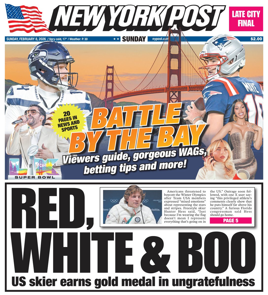 nypost's tweet photo. Today’s cover: Team USA skiers spark Olympic boycott calls after saying they have ‘mixed emotions’ about representing America https://t.co/R5yjhIqTlt https://t.co/EWealgjmFy
