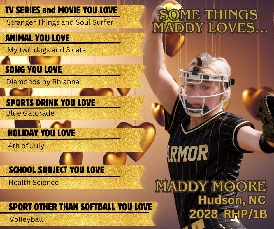 ArmorEliteFox's tweet photo. Getting to know our #13 Maddy Moore on this Super Bowl Sunday!  🖤💛 #ArmorUp #ProvenElite @ArmorEliteFP @MaddyM_2028 https://t.co/eo8OHl6DfW