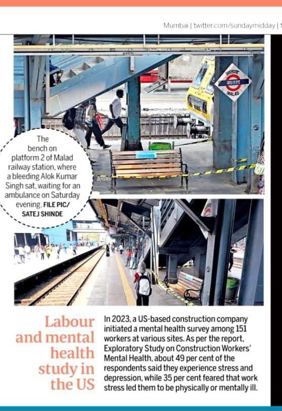 satejss's tweet image. The bench on platform 2 of Malad railway station, where a bleeding Alok Kumar Singh sat, waiting for an ambulance on Saturday evening.
#satejshinde #middayindia #sundaymidday #filepics #malad