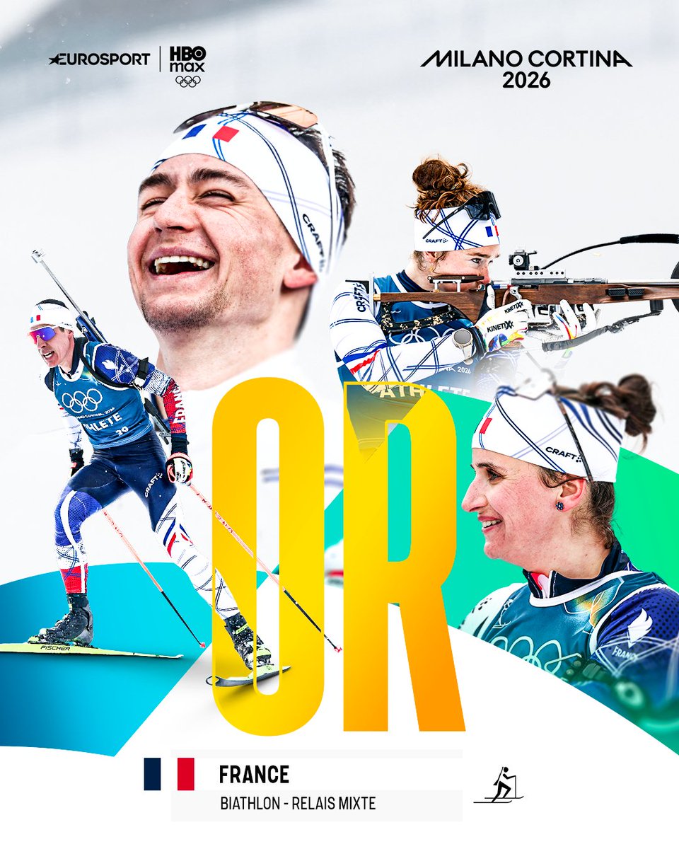 🇫🇷 𝗟𝗘𝗦 𝗕𝗟𝗘𝗨𝗦 𝗖𝗛𝗔𝗠𝗣𝗜𝗢𝗡𝗦 𝗢𝗟𝗬𝗠𝗣𝗜𝗤𝗨𝗘𝗦 ! Eric Perrot, Quentin Fillon Maillet, Lou Jeanmonnot et Julia Simon décrochent l'or sur le relais mixte, le premier sacre français de ces Jeux de #MilanoCortina2026