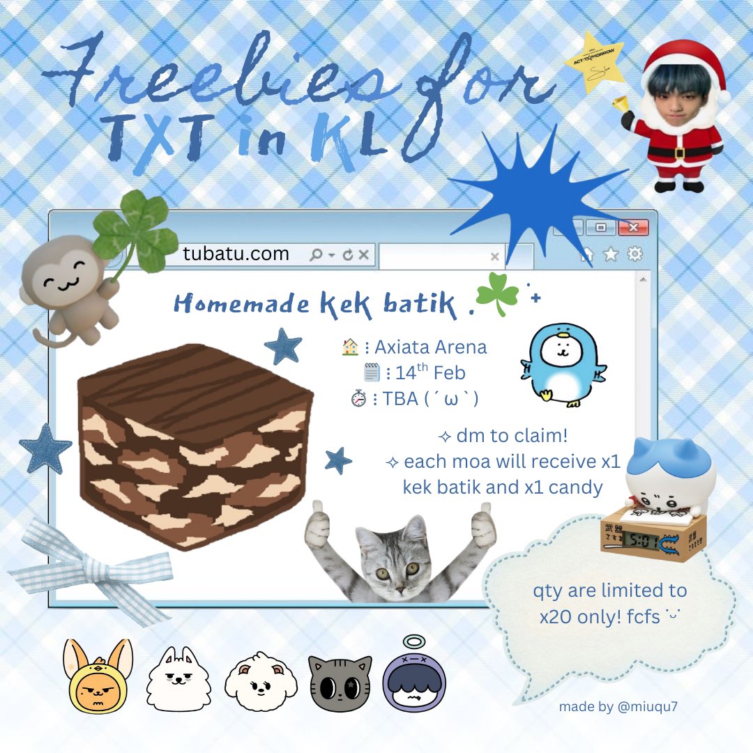 miuqu7's tweet image. 💫 txt freebies ⋆. 𐙚 ˚ 
.☘︎ ݁˖ x1 kek batik and x1 candy 🍀 

korg boleh dm kalau nk reserve !!
(´｡• ω •｡`) will appreciate likes n rts 

#ACT_TOMORROW_in_KL #TXTinKL