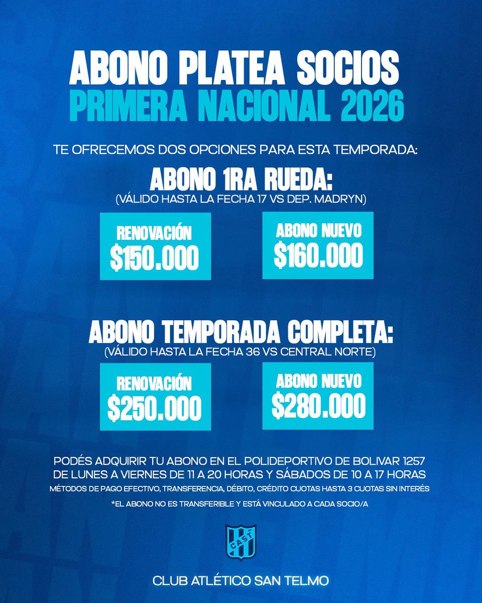 🎟️*ABONO PLATEA SOCIOS PRIMERA NACIONAL 2026*

Podrás adquirir dos tipos de abono: 
*ABONO 1RA RUEDA* 
*ABOBO TEMPORADA COMPLETA* 

🏢Sacá tu abono en el polideportivo de Bolivar 1257. Caba. 
⏰De lunes a viernes de 11 a 20 horas y Sábados de 10 a 17 horas

(Métodos de pago