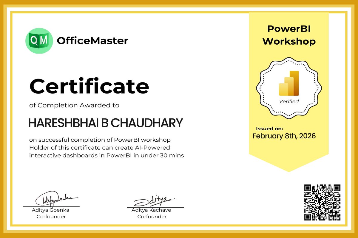 Completed a Power BI Workshop and earned my certificate 🎓
Learned to build AI-powered interactive dashboards.
#PowerBI #DataAnalytics #Upskilling #AI