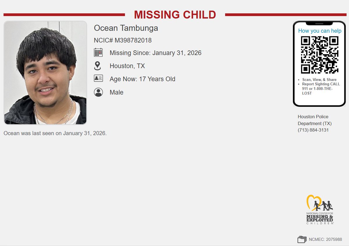 MISSING

Ocean Tambunga- 17-year-old male -Houston, Texas - missing since January 31, 2026.

Please LIKE, SHARE and COMMENT! Help us find him!

Any information, please contact the Houston Police Department (Texas), 1-713-881-3131.

#bobshouseofhope #boystoo #MissingChild