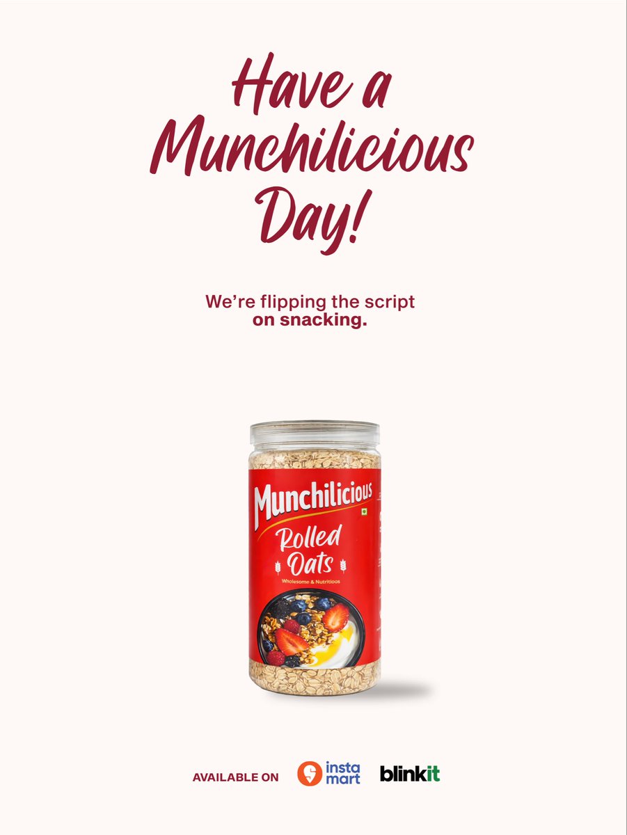 Munchilicious_'s tweet photo. Munchilicious brings back the original superfood - Rolled Oats! The versatile daily staple is ideal for porridge, overnight oats and smoothies. It’s also perfect for upma, chilla, rava idli &amp; dosa.

🛵Available today on Swiggy &amp; Blinkit!
📦Also available on Amazon and Flipkart. https://t.co/QJJT3tcOpD