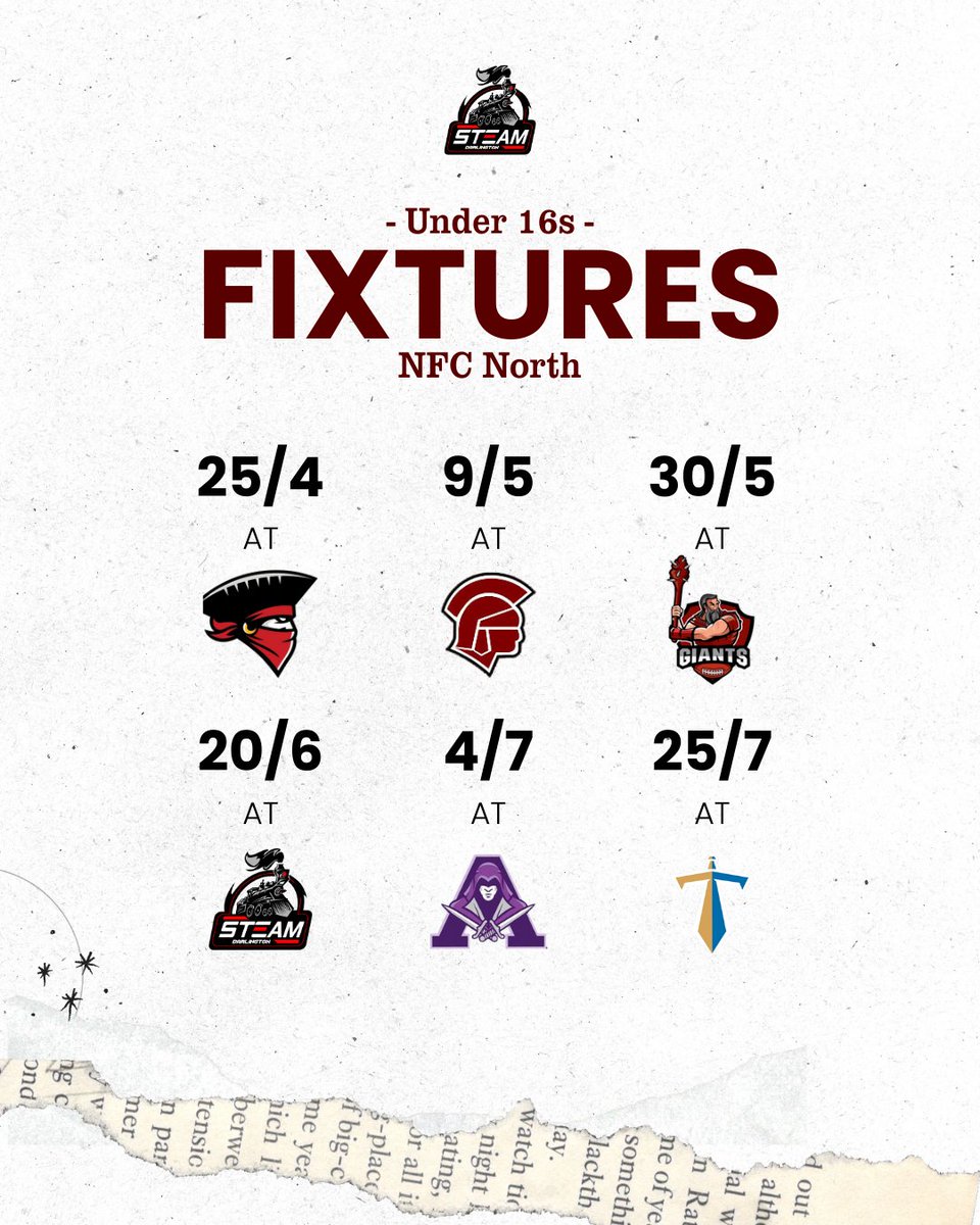 🚨 U16s FIXTURE NEWS 🚨
The tournament opponents for our youth team's 2026 campaign are set. It’s a stacked division.

You saw our opponents in the last tweet, now see our fixtures here.

Full steam ahead for the next generation. 🚂💨
#DarlingtonSteam #Britball #U16s