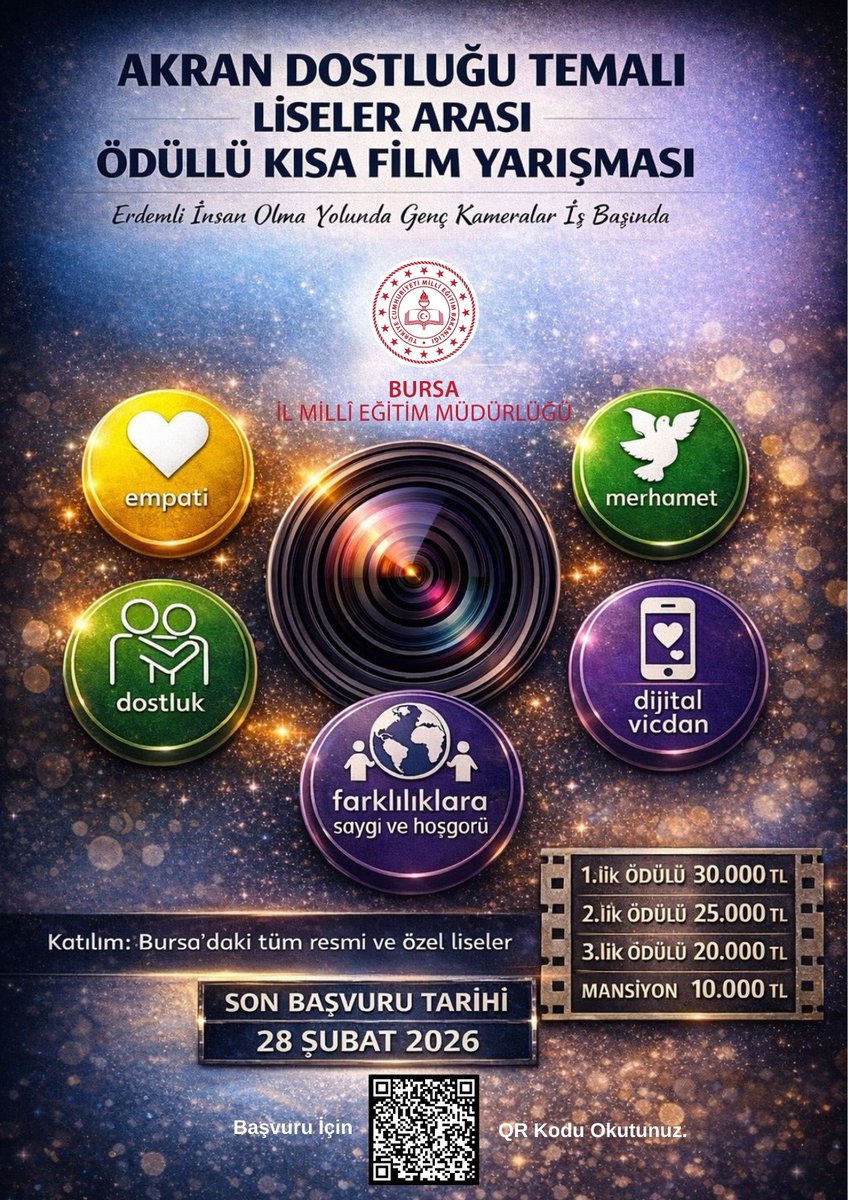 🎬 EİOYAD Kısa Film Yarışması başlıyor!
📌 Empati, dostluk, dijital vicdan, nezaket ve farklılıklara saygı temalı kısa filmler bekleniyor.
🗓 Son başvuru: 28 Şubat 2026
📌 Başvurular okullar BURBİS üzerinden yapılacaktır.
<a href="/MilliEgitimBak/">MEB</a> <a href="/Yusuf__Tekin/">Yusuf Tekin</a> <a href="/csgb_rtb/">Rehberlik ve Teftiş Başkanlığı</a>  <a href="/bursailmem16/">Bursa İl Millî Eğitim Müdürlüğü</a>