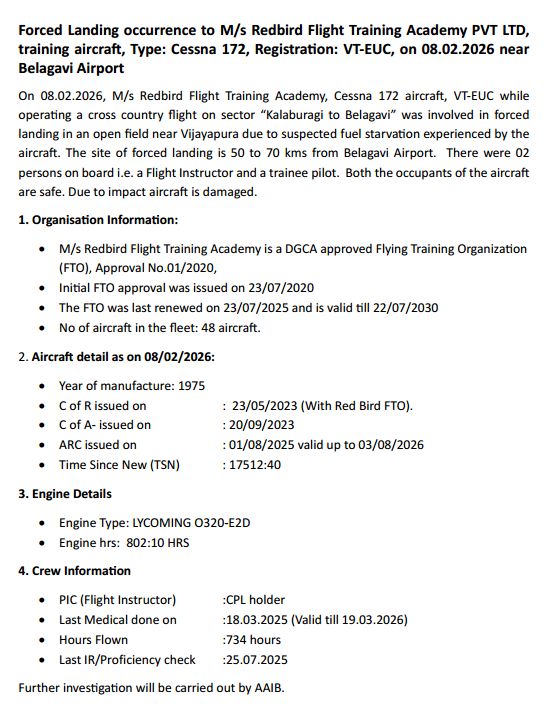 DGCAIndia's tweet photo. Forced Landing occurrence to M/s Redbird Flight Training Academy PVT LTD, training aircraft, Type: Cessna 172, Registration: VT-EUC, on 08.02.2026 near Belagavi Airport https://t.co/71XUyp7WRK