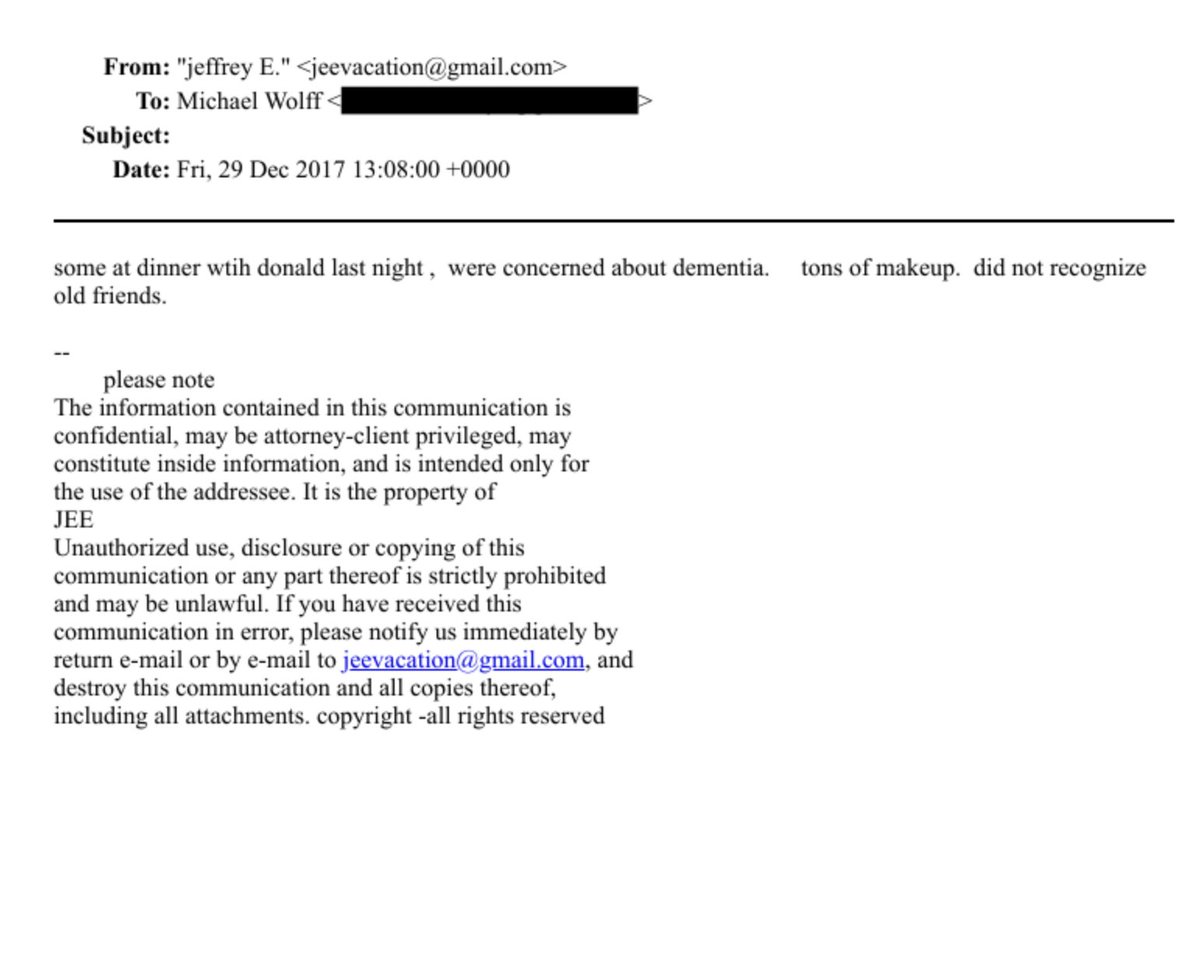 EdKrassen's tweet image. WOW! In 2017, Jeffrey Epstein said "Some at dinner with Donald last night were concerned about dementia. tons of makeup. did not recognize old friends."
