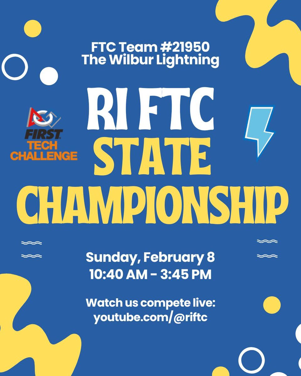 Watch The Wilbur Lightning compete against the best of the best at the RI FIRST Tech Challenge State Championship today! Livestream us on YouTube: youtube.com/@riftc