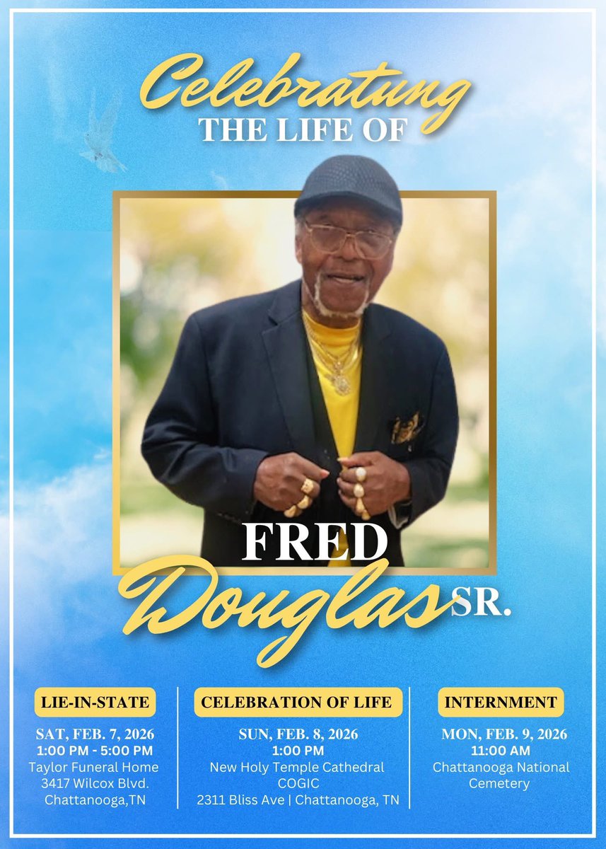 Today, are goin’ to cry, sing, #worship / #praise x #CelebrateTheLife of my #granddaddy  - 

#MrFredDouglasSr

📍New Holy Temple Cathedral COGIC - 2311 Bliss Ave 
🗓️ Feb. 8, 2026 
🕐 1:00 PM