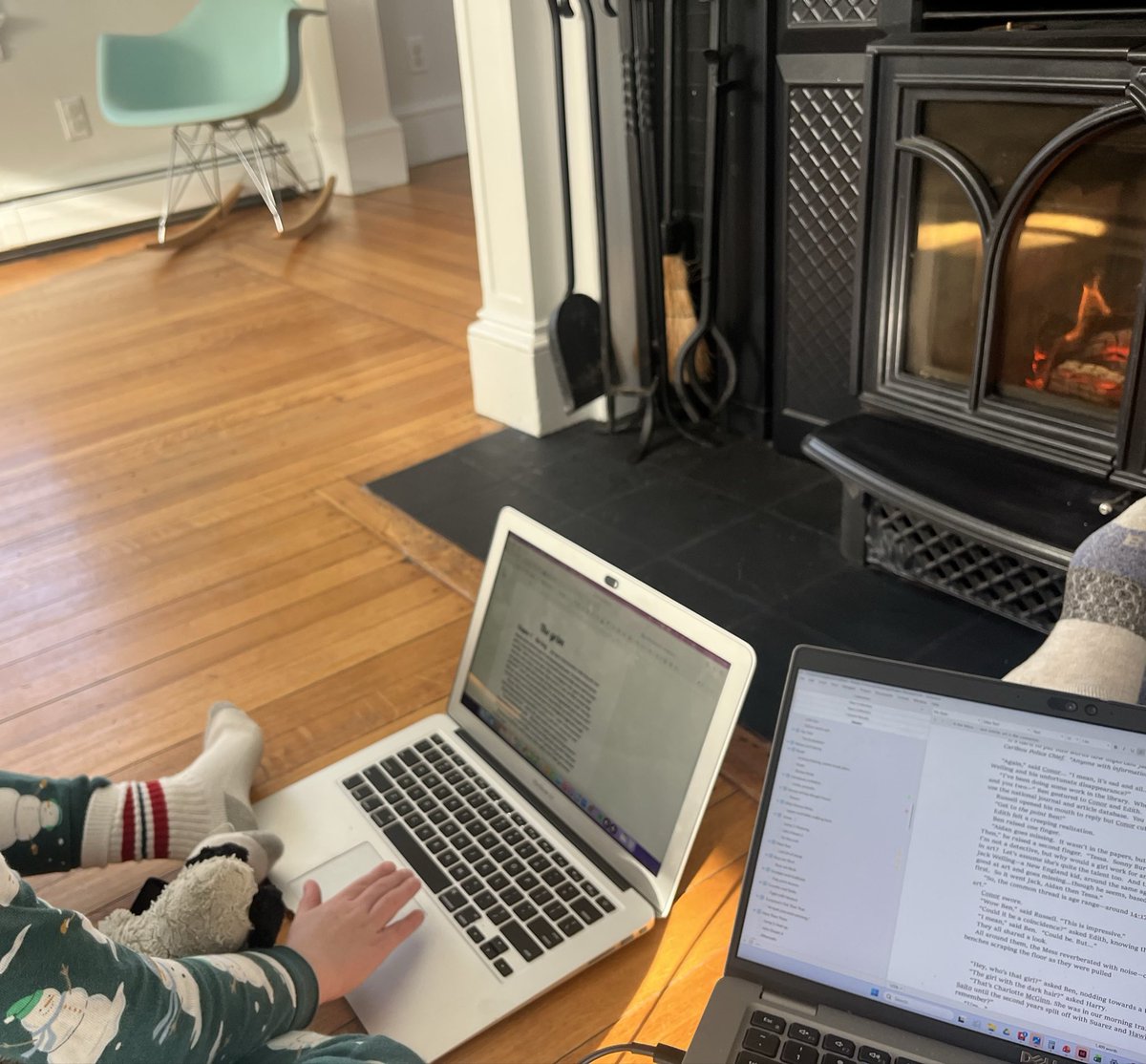 rachellahammo's tweet photo. My second grader and I, writing our respective stories by the fire on this chilly Sunday morning. #momswhowrite #writingcommunity #amediting #YA https://t.co/W4SsyiJVOE