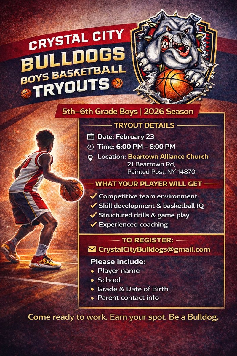 BulldogsCity's tweet photo. Attention, All 5/6th grade boys Hoopers… Bulldog 🏀Tryout time and location is set. Please email to register. https://t.co/b1h8wZPrGp